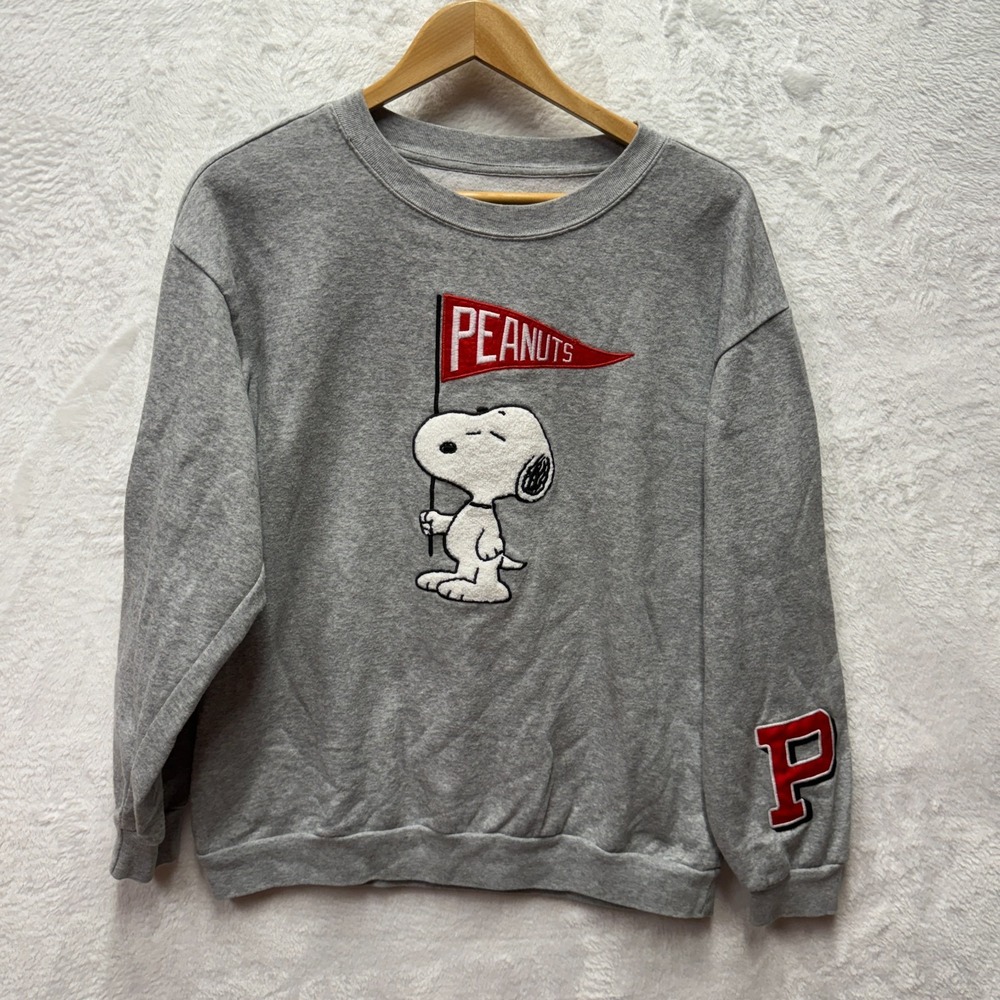 Peanuts Snoopy Sweatshirt Girls XL 15-17 Gray Fleece Terry Patch Comic Woodstock